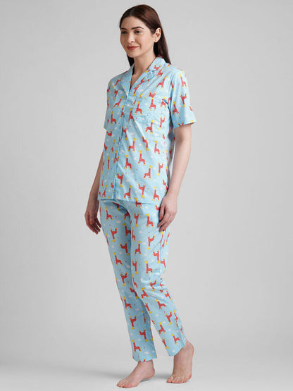 Drape In Vogue Women Blue &amp; Red Printed Night Suit