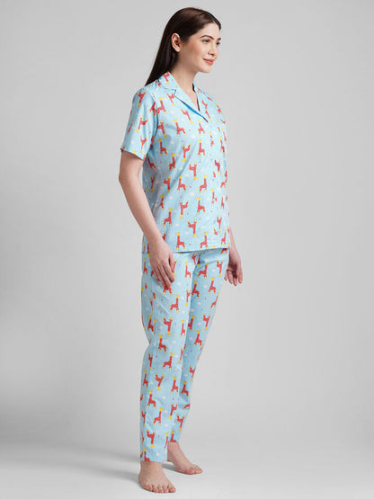 Drape In Vogue Women Blue &amp; Red Printed Night Suit