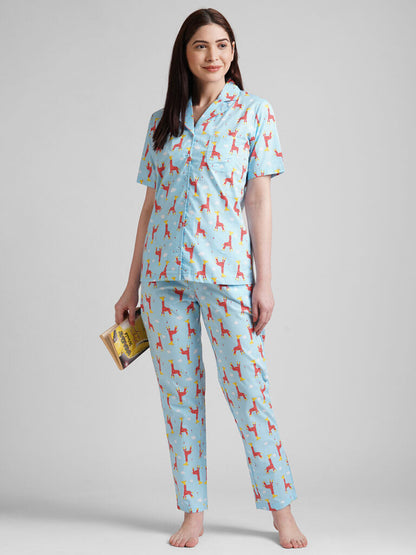 Drape In Vogue Women Blue &amp; Red Printed Night Suit