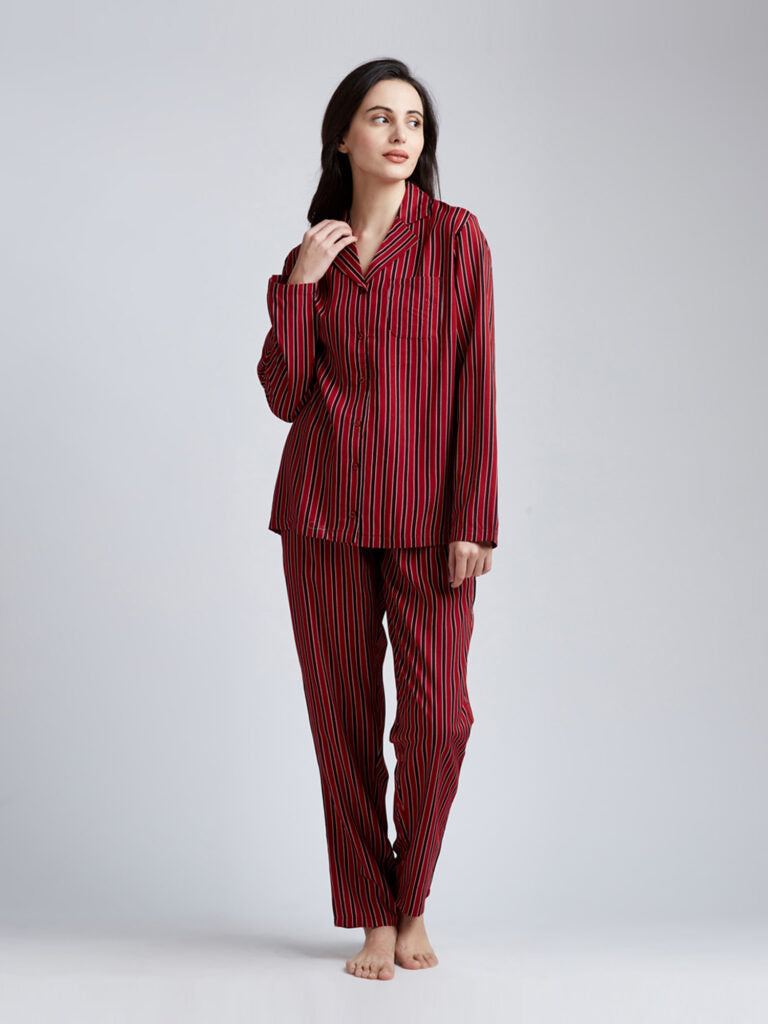 Women Red & Black Striped Night Suit