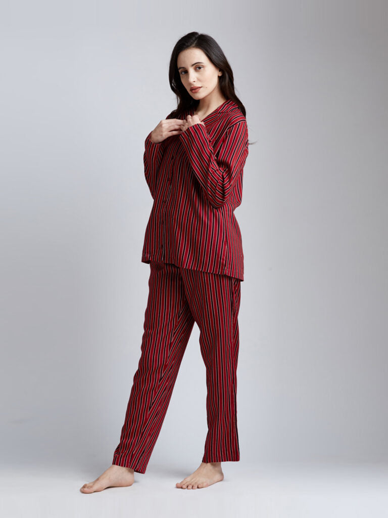 Women Red &amp; Black Striped Night Suit