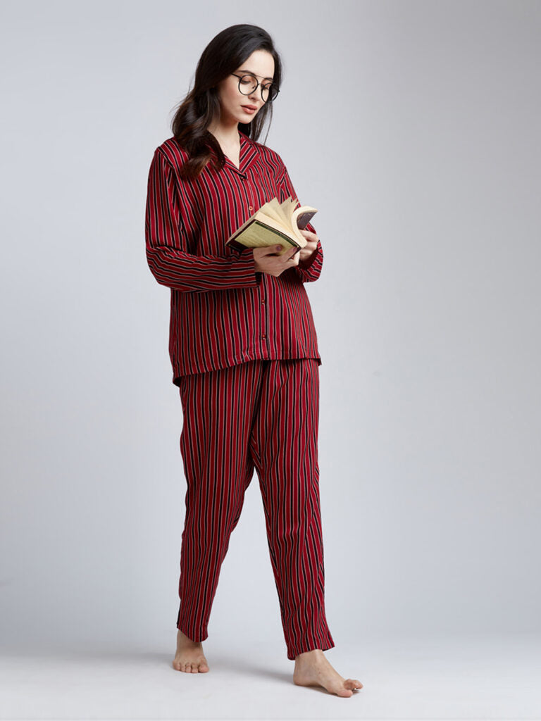 Women Red &amp; Black Striped Night Suit