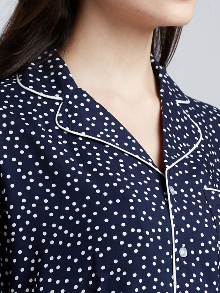 Women Navy Blue &amp; White Printed Night Suit