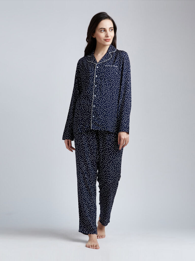 Women Navy Blue & White Printed Night Suit