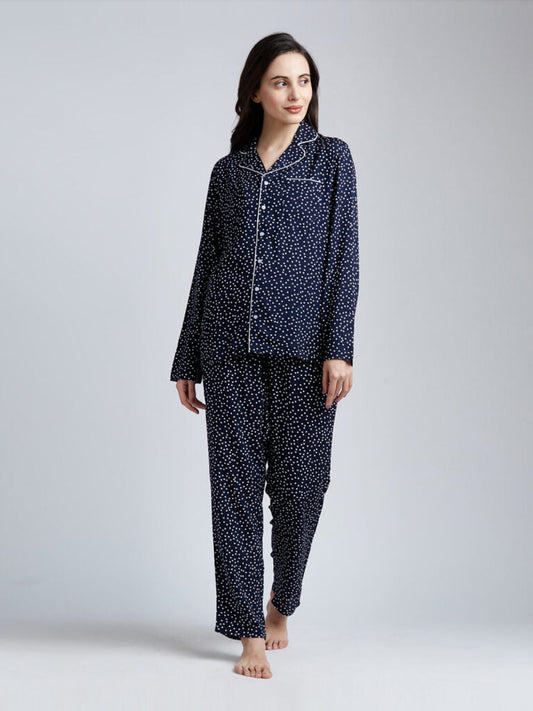 Women Navy Blue & White Printed Night Suit