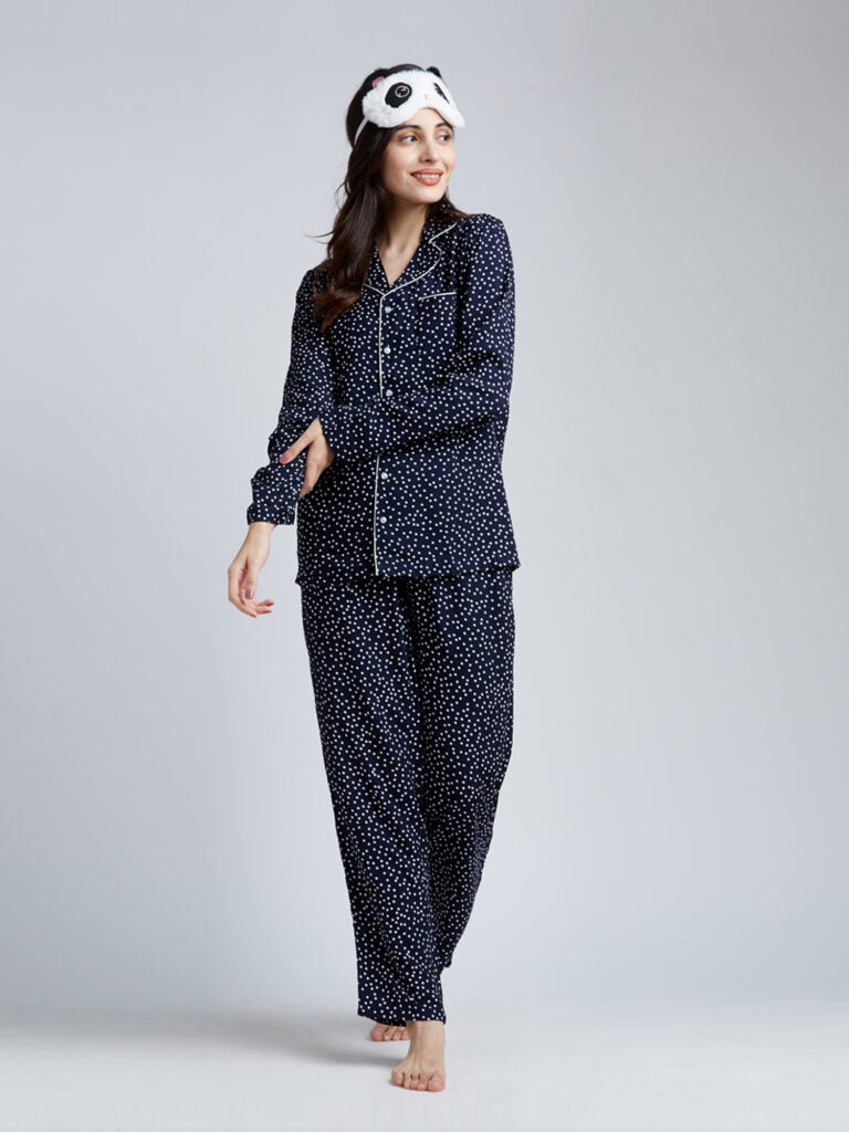 Women Navy Blue &amp; White Printed Night Suit