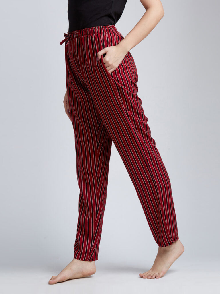 Women Red &amp; Black Striped Lounge Pants