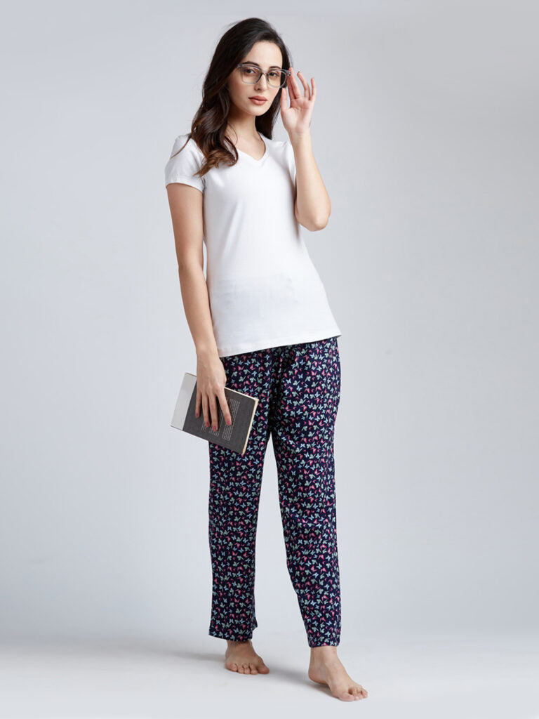 Women Navy Blue &amp; Pink Butterfly Printed Lounge Pants