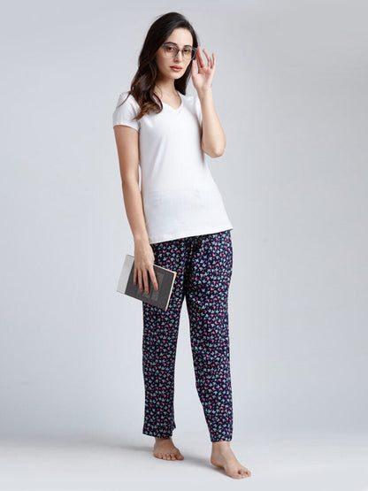 Women Navy Blue &amp; Pink Butterfly Printed Lounge Pants