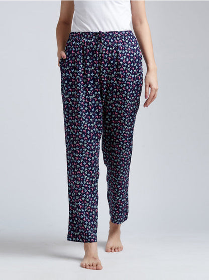 Women Navy Blue &amp; Pink Butterfly Printed Lounge Pants