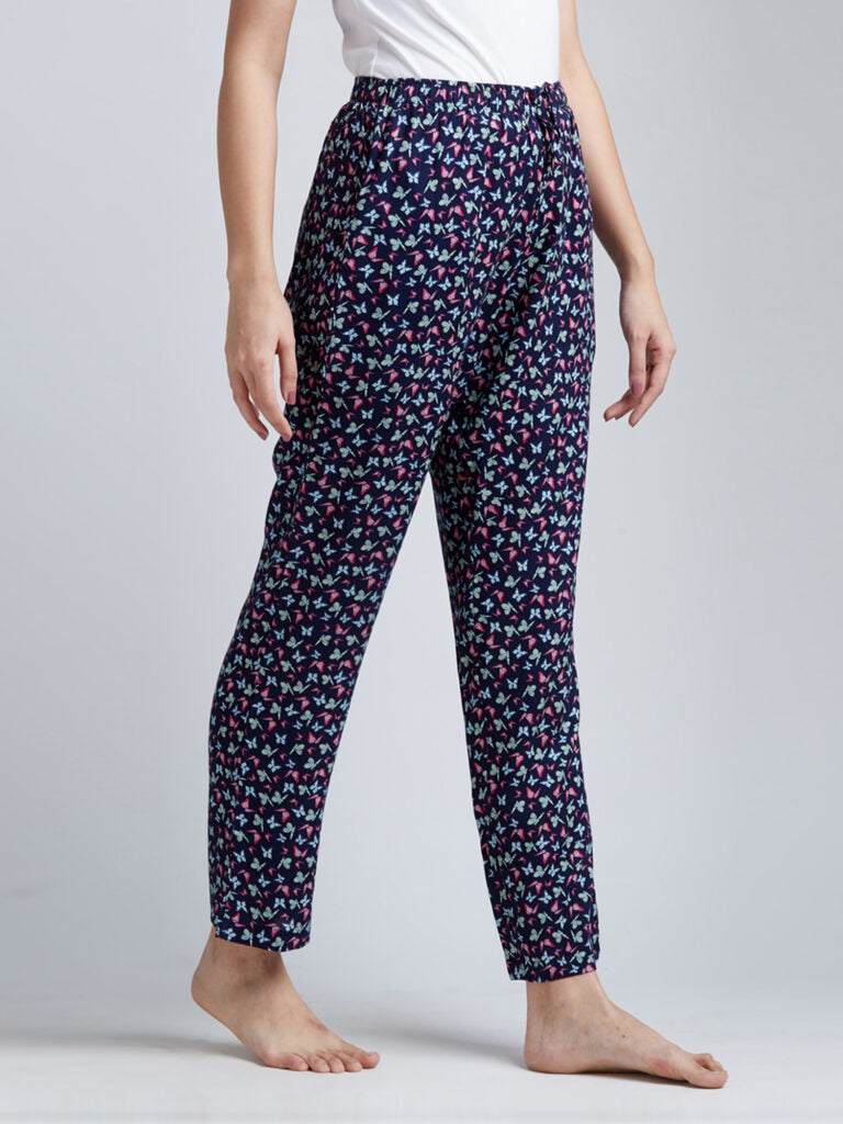 Women Navy Blue &amp; Pink Butterfly Printed Lounge Pants