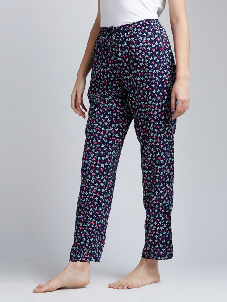 Women Navy Blue &amp; Pink Butterfly Printed Lounge Pants