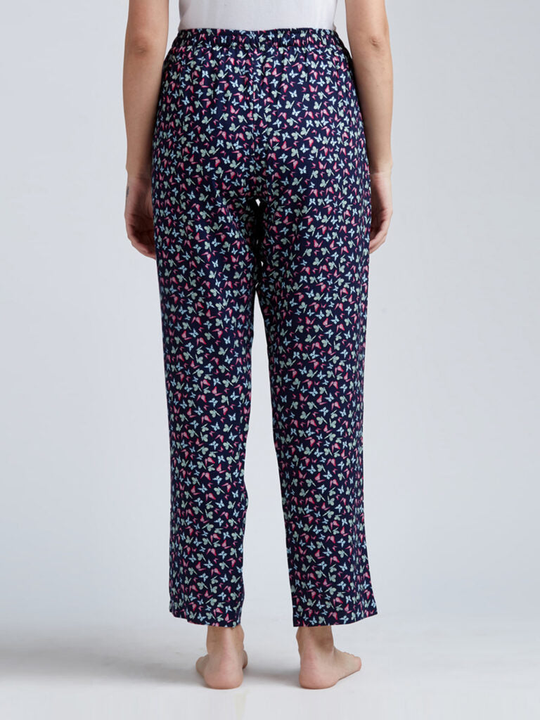 Women Navy Blue &amp; Pink Butterfly Printed Lounge Pants