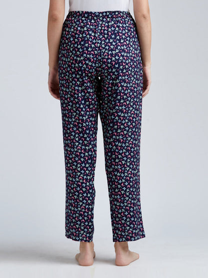 Women Navy Blue &amp; Pink Butterfly Printed Lounge Pants