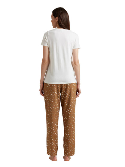 Women Cream-Coloured &amp; Brown Solid Night Suit