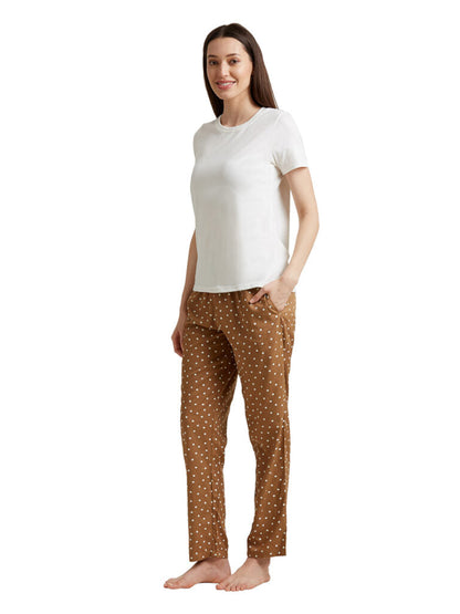 Women Cream-Coloured &amp; Brown Solid Night Suit