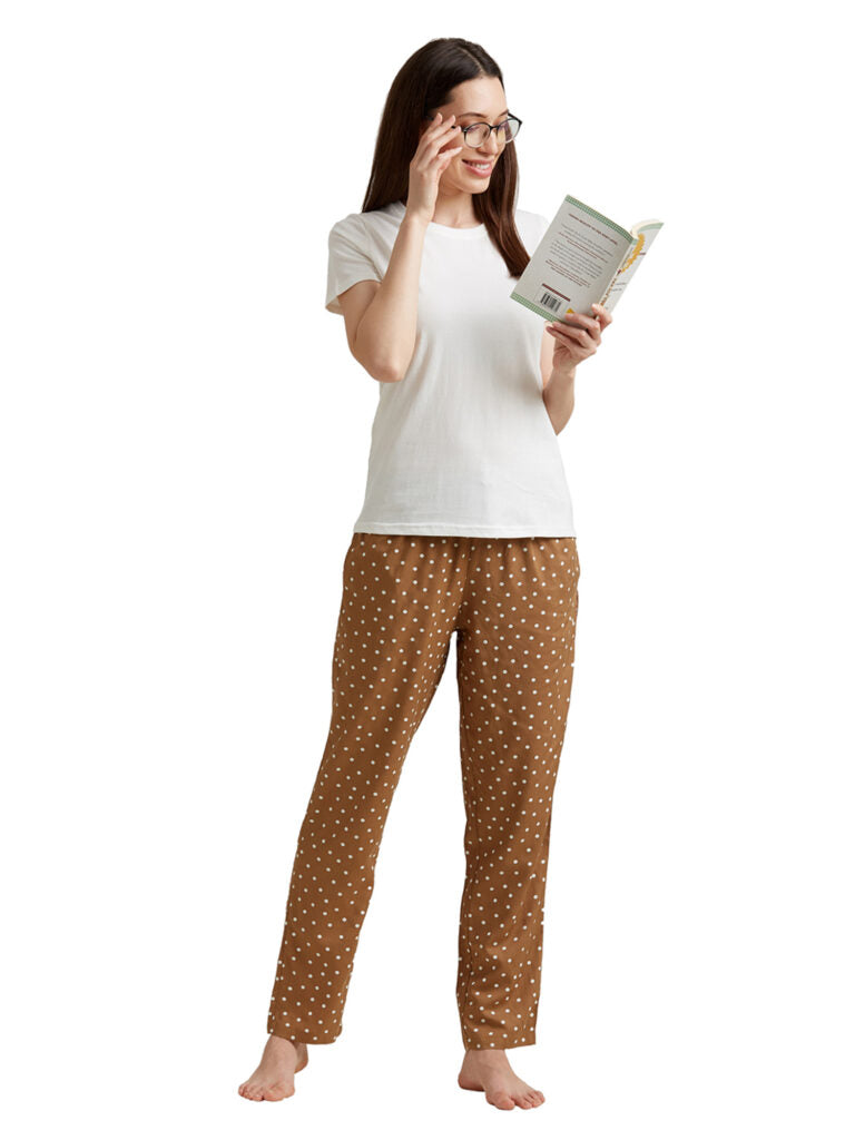 Women Cream-Coloured &amp; Brown Solid Night Suit