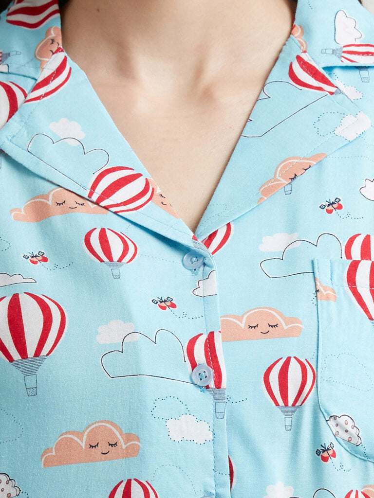 Women Blue &amp; Red Printed Night Suit
