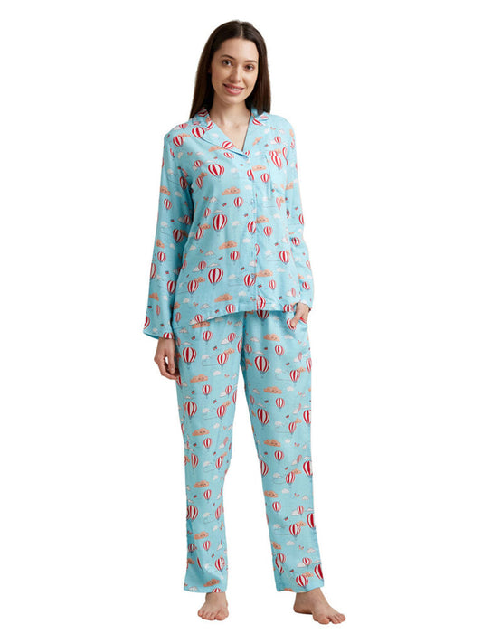 Women Blue & Red Printed Night Suit