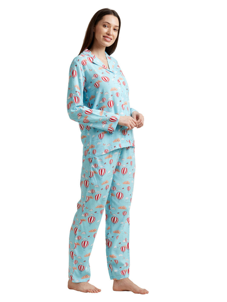 Women Blue &amp; Red Printed Night Suit
