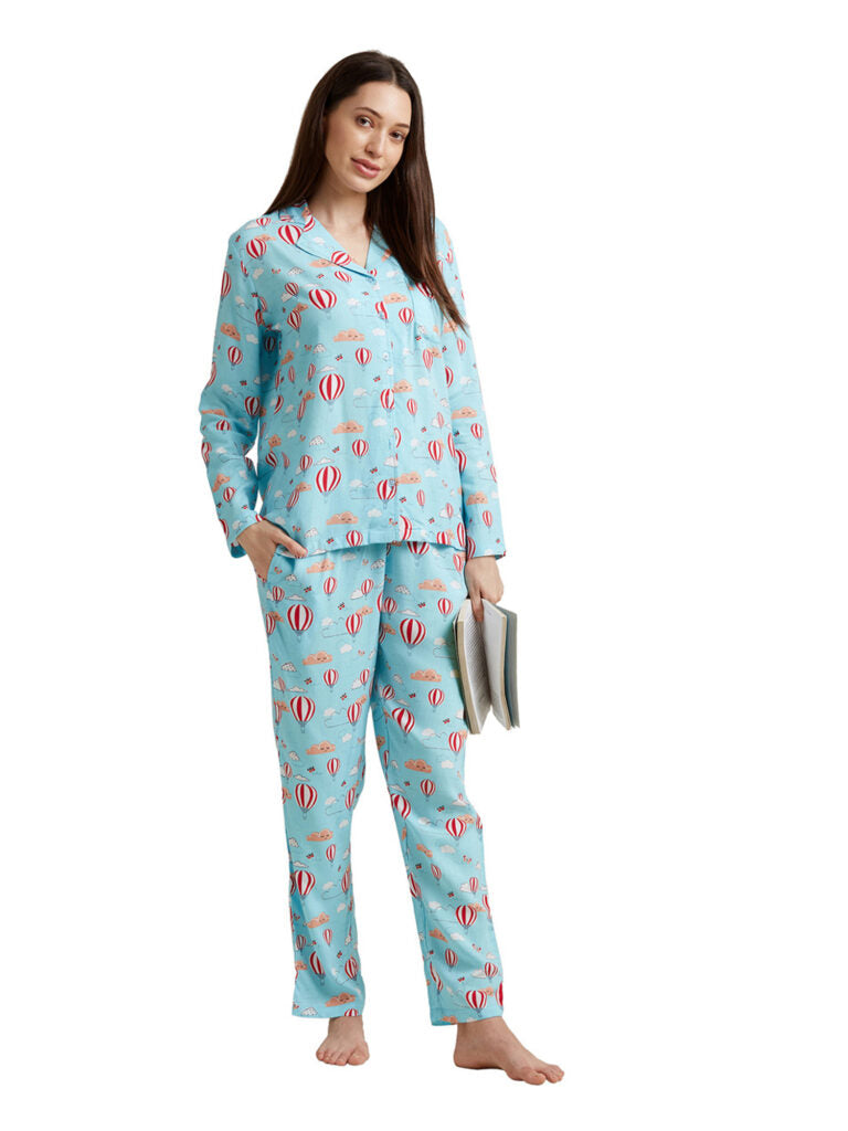 Women Blue &amp; Red Printed Night Suit