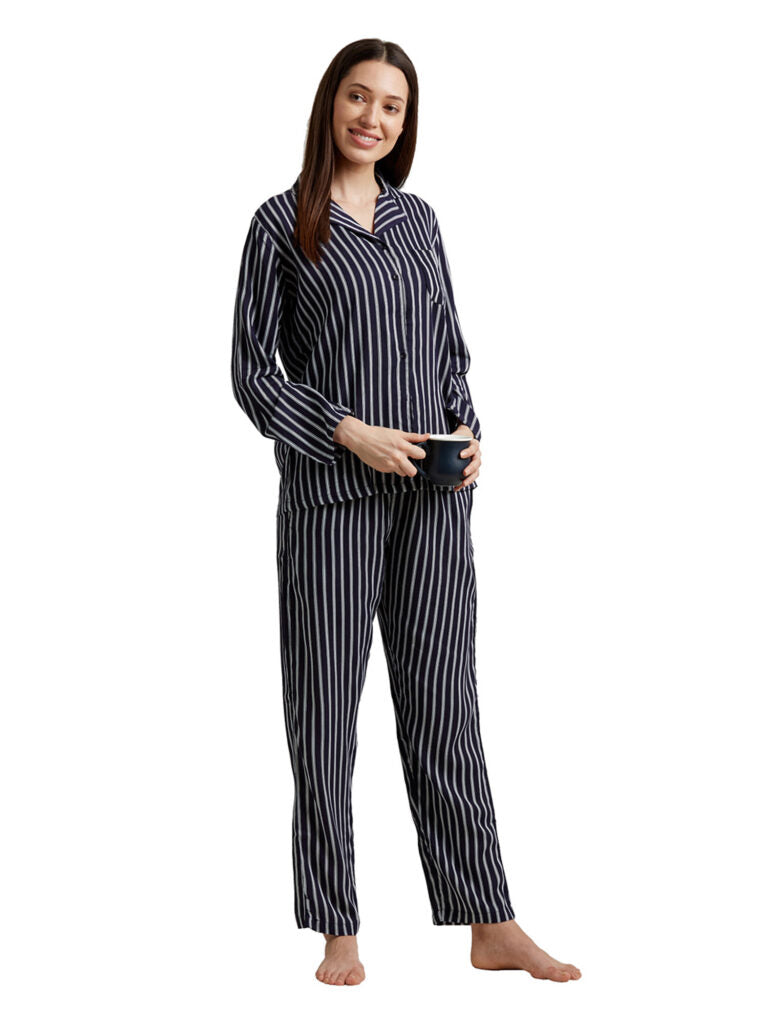 Women Black &amp; White Striped Nightsuit