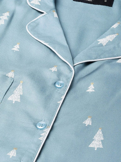 Women Blue &amp; White Printed Nightsuit