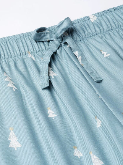 Women Blue &amp; White Printed Nightsuit