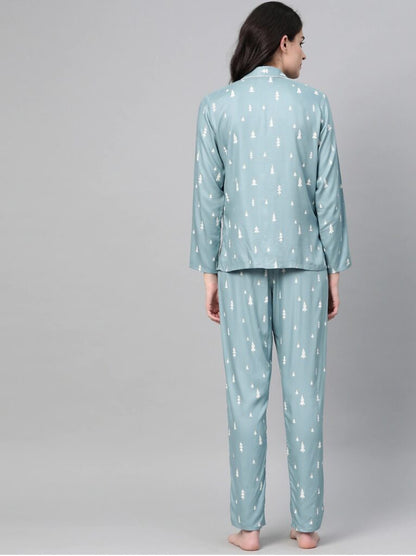 Women Blue &amp; White Printed Nightsuit