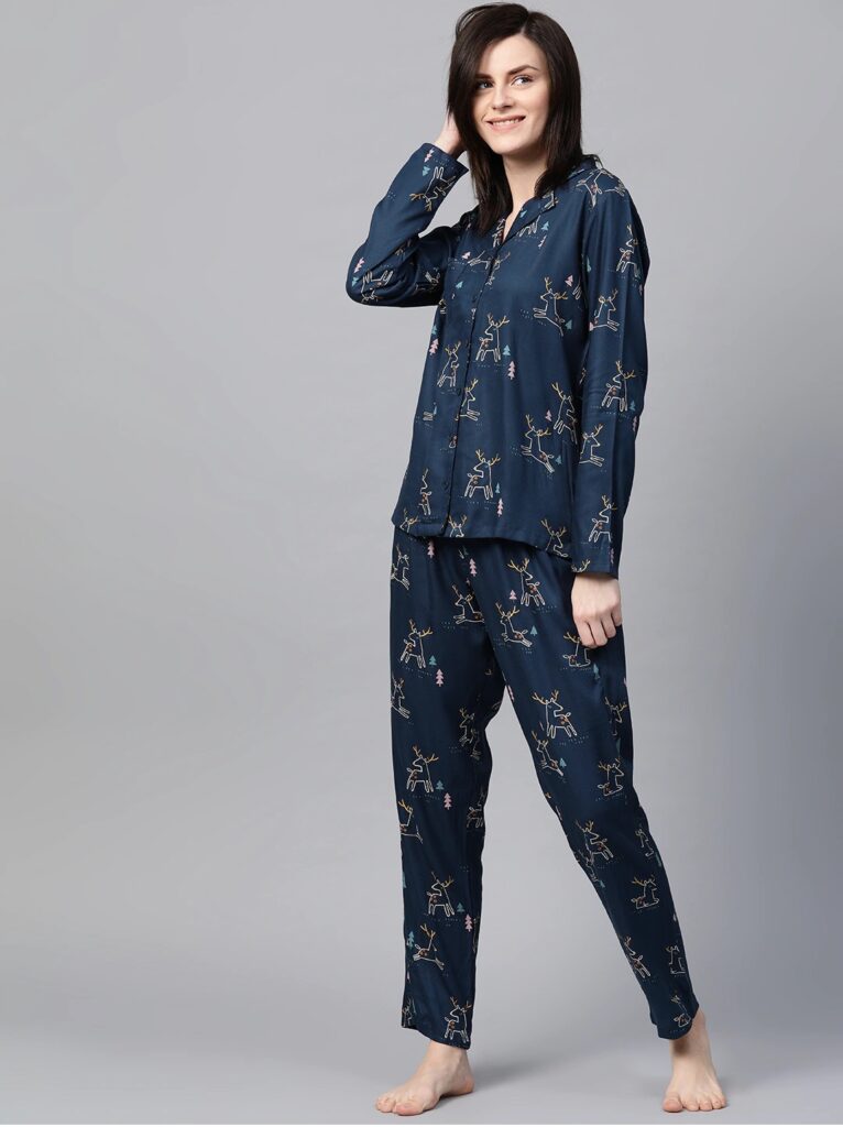 Women Navy Blue & White Printed Night suit