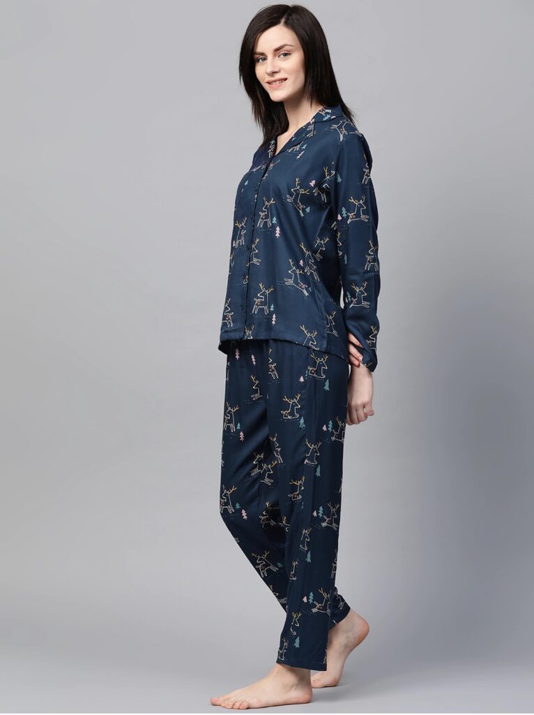 Women Navy Blue &amp; White Printed Night suit