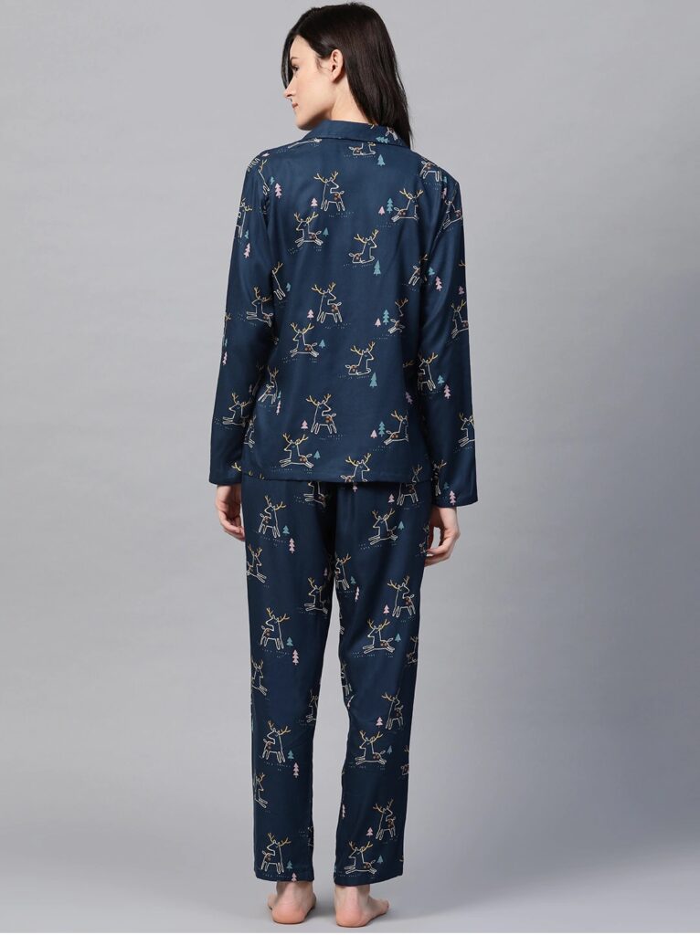 Women Navy Blue &amp; White Printed Night suit