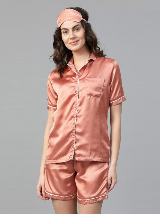 Women Peach-Coloured Solid Night Suit