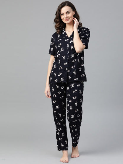 Women Navy Blue & White Printed Night Suit