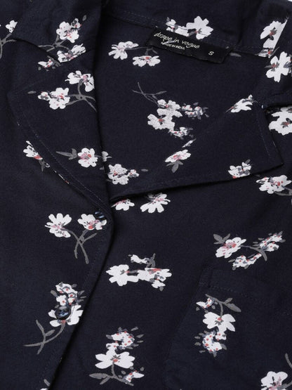 Women Navy Blue &amp; White Printed Night Suit