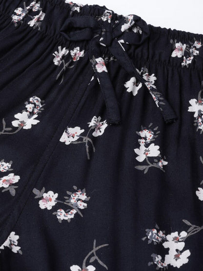 Women Navy Blue &amp; White Printed Night Suit