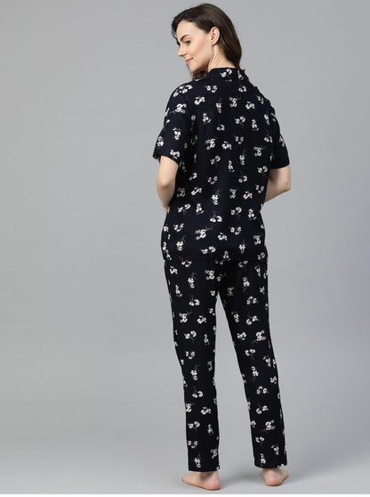 Women Navy Blue &amp; White Printed Night Suit