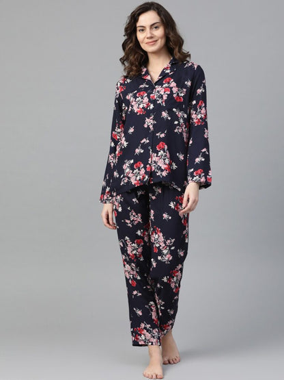 Women Navy Blue & Pink Floral Print Pyjamas Set
