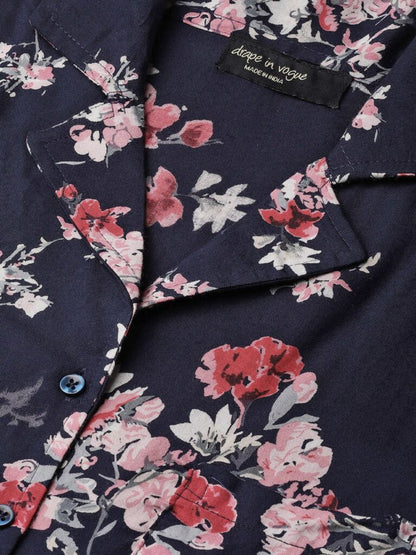 Women Navy Blue &amp; Pink Floral Print Pyjamas Set