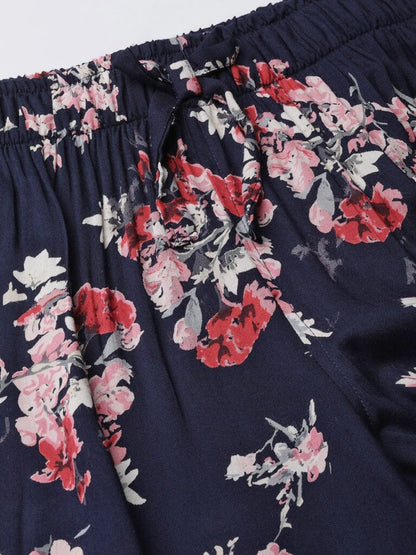 Women Navy Blue &amp; Pink Floral Print Pyjamas Set