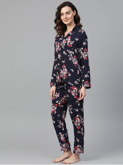 Women Navy Blue &amp; Pink Floral Print Pyjamas Set
