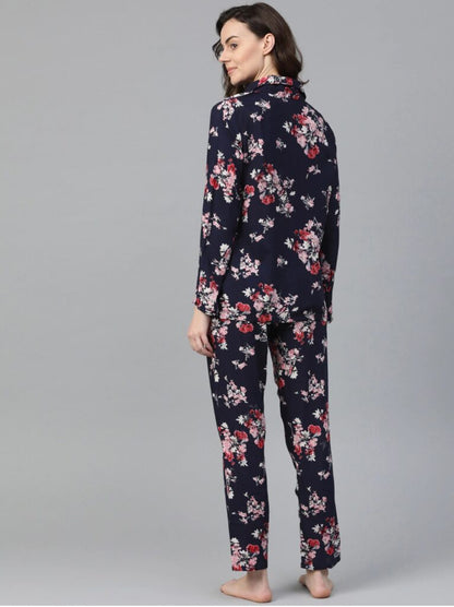 Women Navy Blue &amp; Pink Floral Print Pyjamas Set