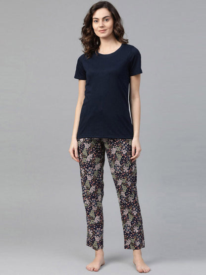 Women Navy Blue & Pink Floral Print Pyjamas Set