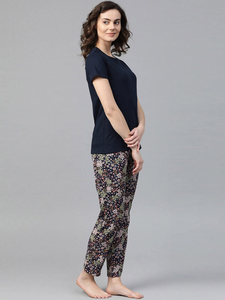 Women Navy Blue &amp; Pink Floral Print Pyjamas Set