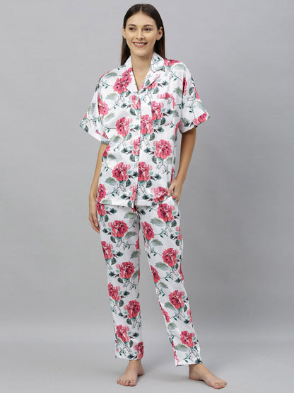 Women 2 Pc White & Red Floral Print Night Suit Set