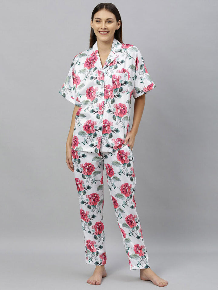 Women 2 Pc White & Red Floral Print Night Suit Set