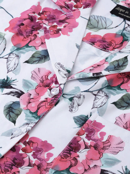 Women 2 Pc White &amp; Red Floral Print Night Suit Set