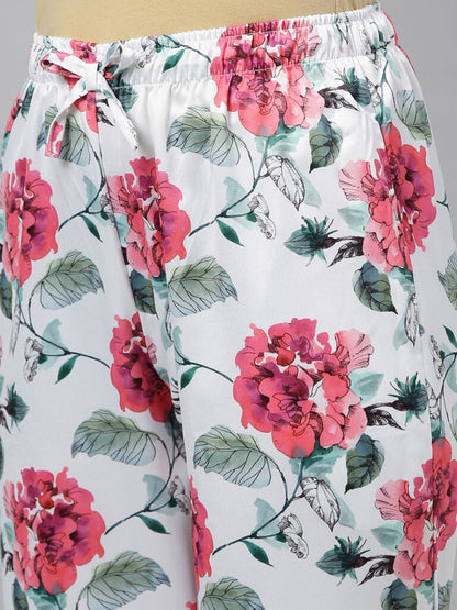 Women 2 Pc White &amp; Red Floral Print Night Suit Set