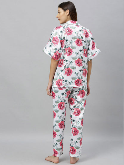 Women 2 Pc White &amp; Red Floral Print Night Suit Set