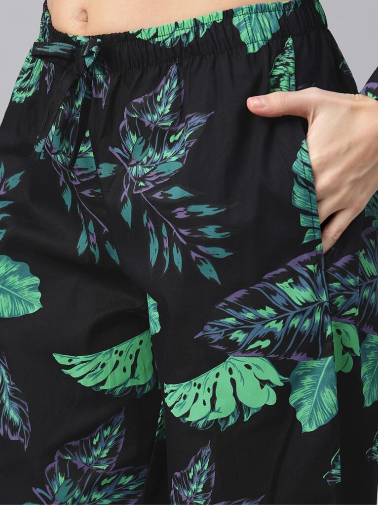 Women Black &amp; Green Tropical Flora Printed Night Suit